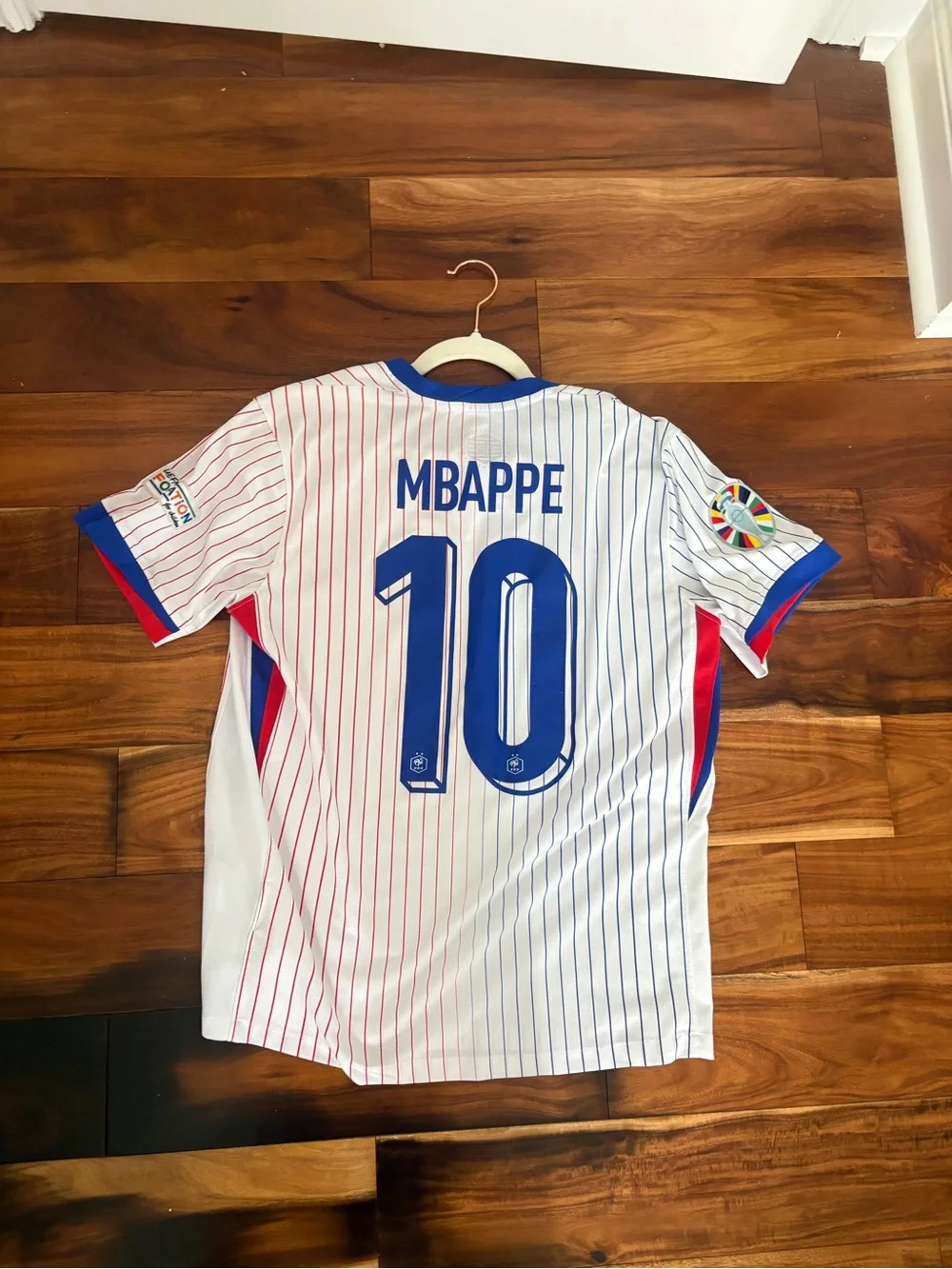 Nike men’s White France Football Jersey with Blue & Red Pinstripes mbappe jersey